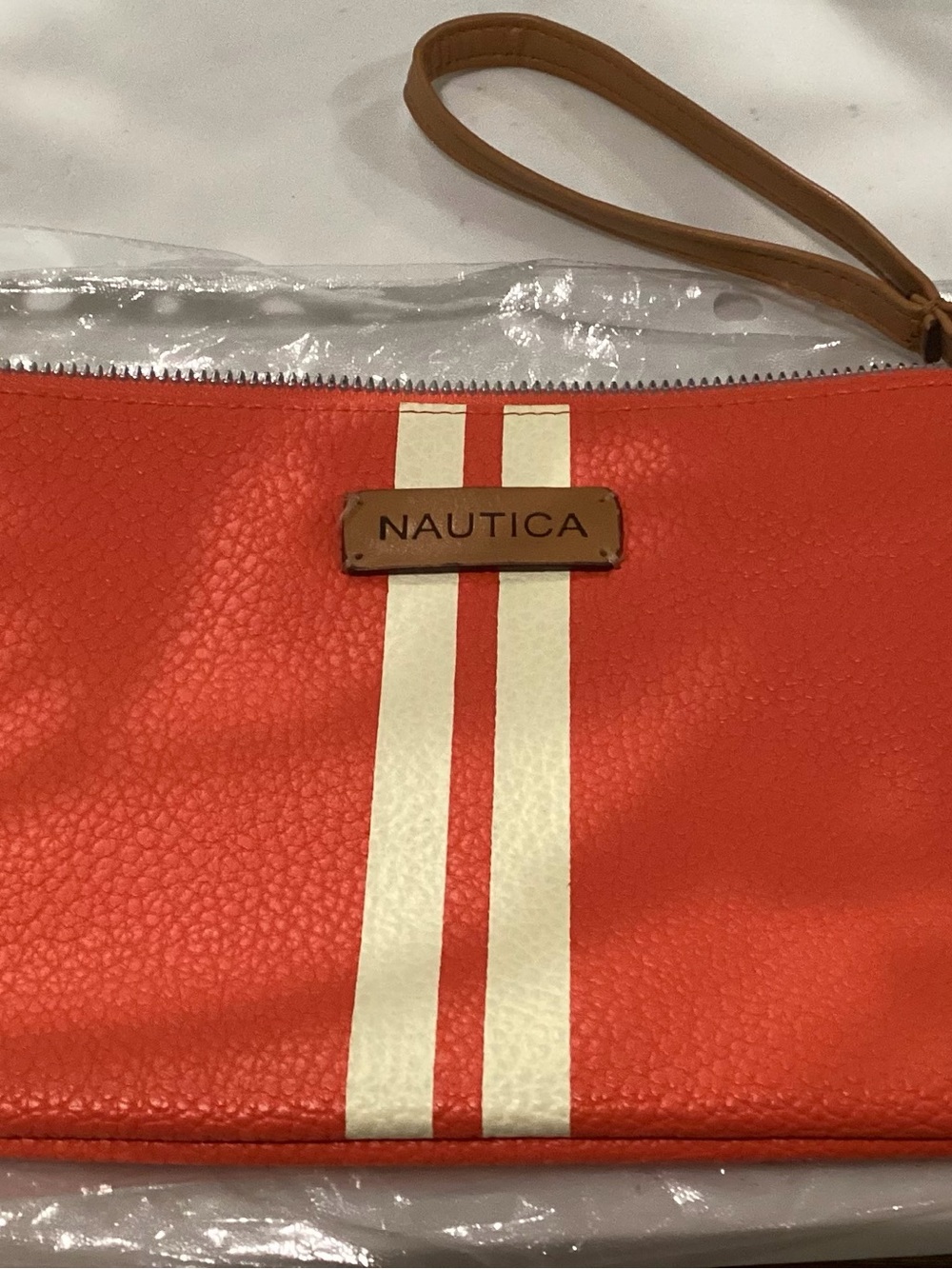 Nautica Orange Wristlet Clutch with Cream Stripes
